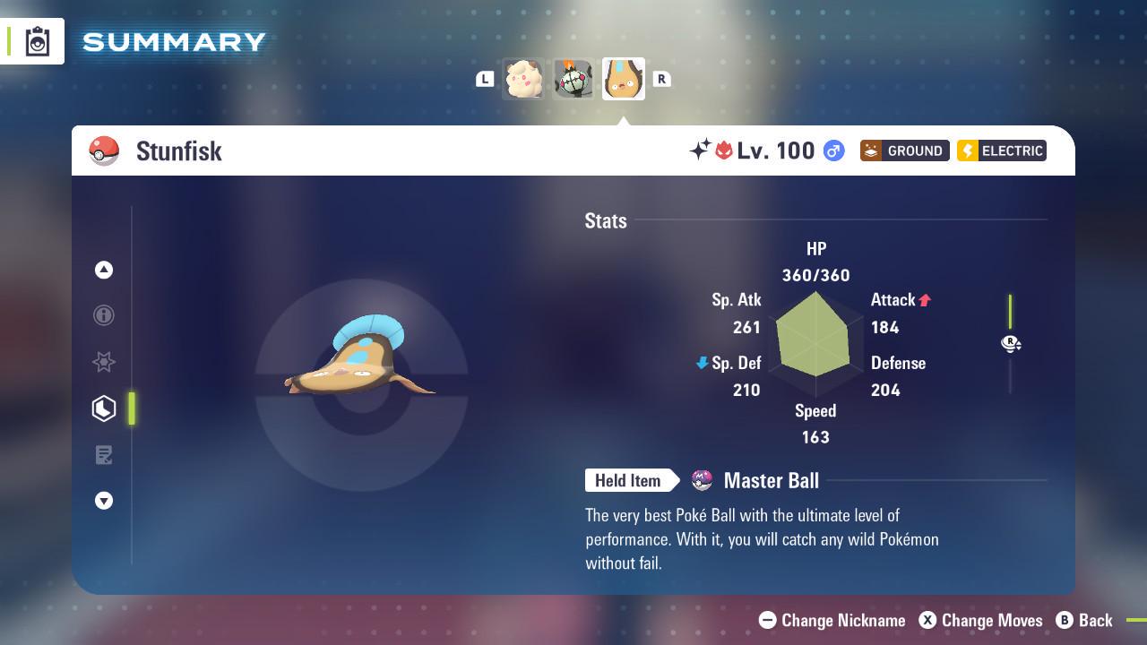 Foto de la carta Pokémon Stunfisk Alfa variocolor Pokémon Leyendas ZA 6IV Listo para el Combate Competitivo