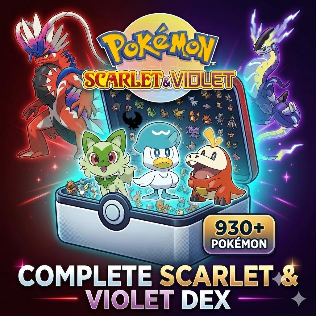 Complete Pokemon Scarlet Violet Pokedex Unlock the Shiny Charm All 930 Pokemon Paldea Kitakami Blueberry Fast Safe Trade Pokémon card photo