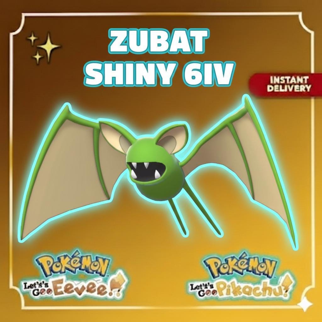 Shiny ZUBAT Pokémon Lets Go Pikachu Eevee 6IV Competitive Battle Ready – Pokémon Let's Go Pokémon card photo