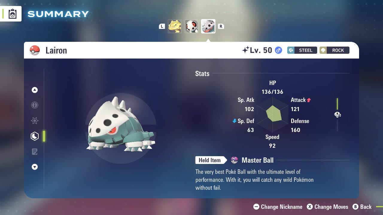 Foto de la carta Pokémon Shiny LAIRON Pokémon Legends ZA 6IV Listo para la Batalla Competitiva