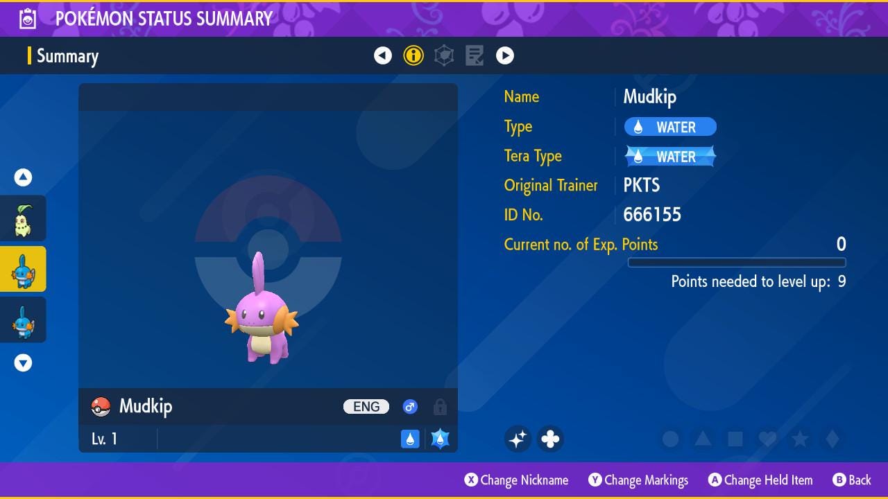 Shiny MUDKIP Pokémon Scarlet and Violet 6IV Competitive Battle Ready – Scarlet & Violet Pokémon card photo