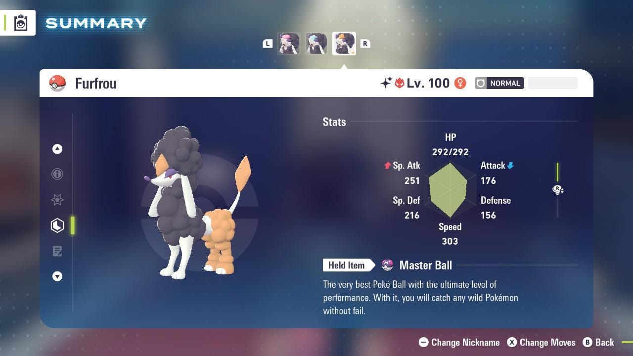 Foto de la carta Pokémon Shiny Alpha Diamond Furfrou Pokémon Legends ZA 6IV Competitivo Listo para la Batalla