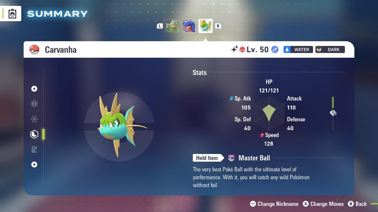 Shiny Alpha Carvanha Pokémon Legends ZA 6IV Competitive Battle Ready Pokémon card photo