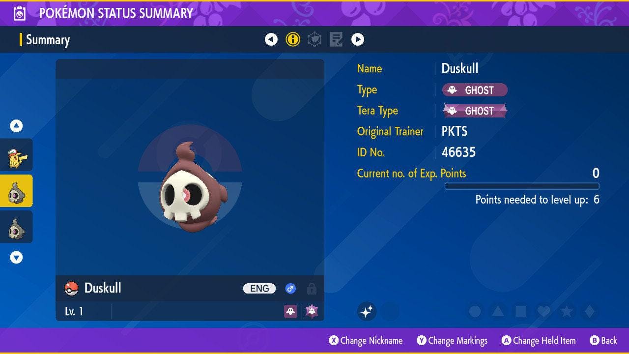 Foto de la carta Pokémon Shiny DUSKULL Pokémon Escarlata Púrpura 6IV Listo para el Combate Competitivo