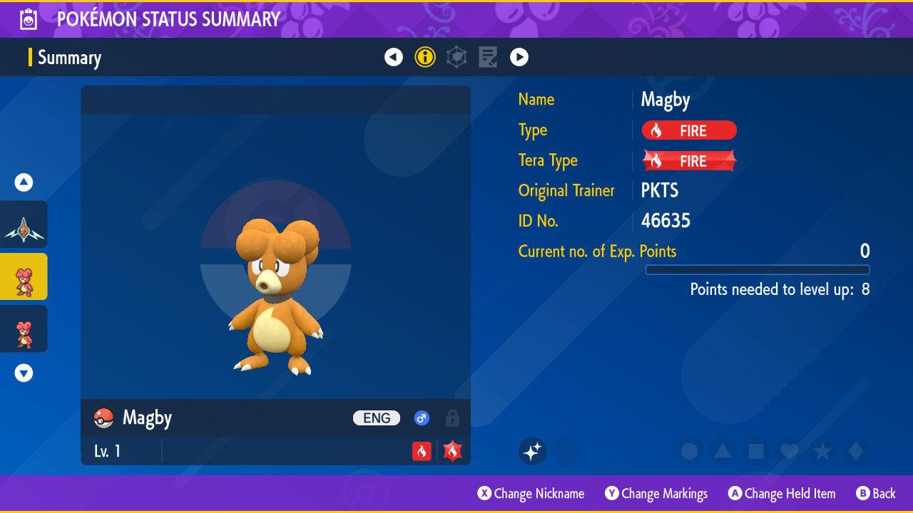 Shiny MAGBY Pokémon Scarlet and Violet 6IV Competitive Battle Ready – Scarlet & Violet Pokémon card photo