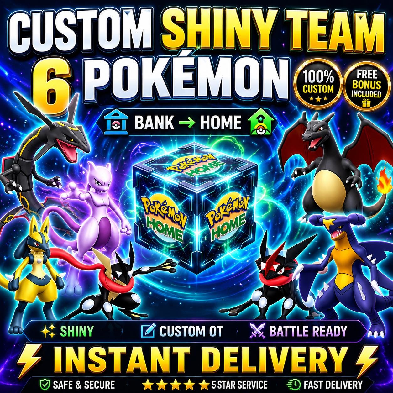 Foto de la carta Pokémon EQUIPO SHINY PERSONALIZADO 6 Pokémon Home Pokopia Listo para Construir Tu Propio Paquete Cualquier Especie Lista para el Combate 6IV OT Personalizado Transferencia a Home Switch 2