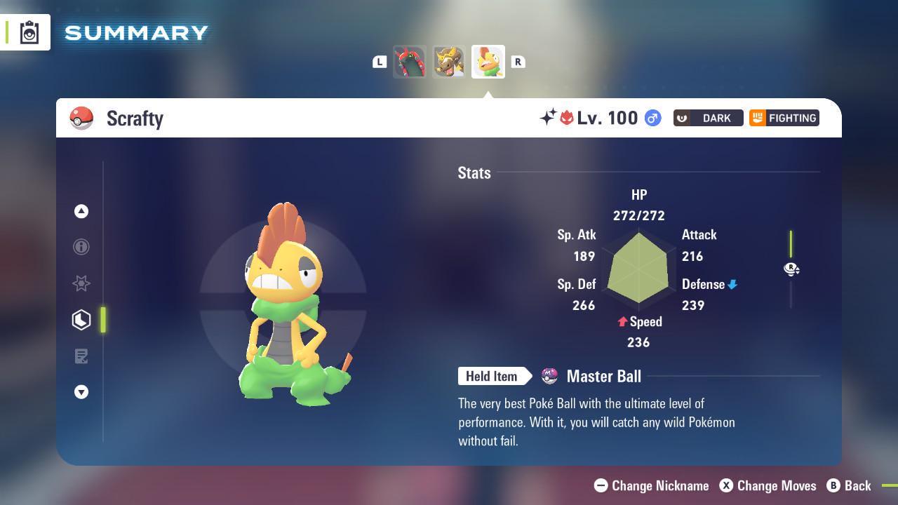Foto de la carta Pokémon Alpha Scrafty variocolor Pokémon Legends ZA 6IV competitivo listo para la batalla