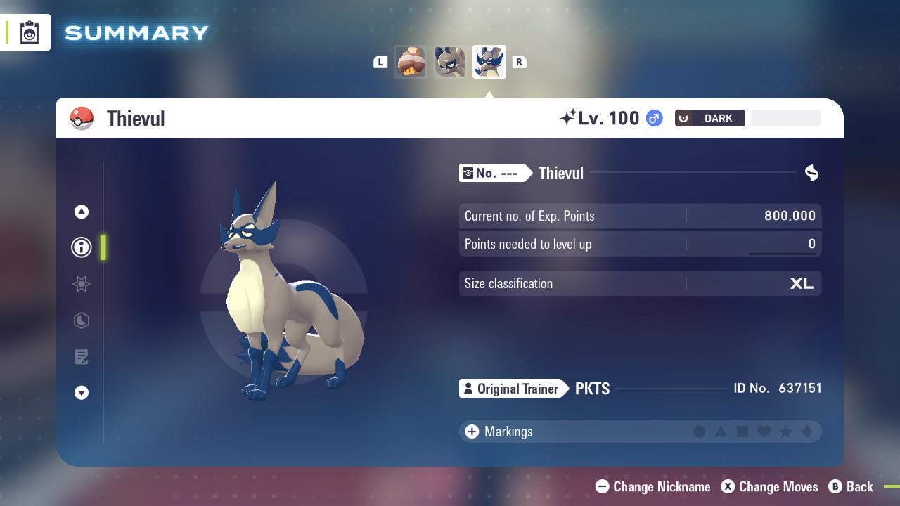 Foto de la carta Pokémon Thievul variocolor Pokémon Legends ZA Mega Dimensión DLC 6IV Listo para el combate competitivo 2