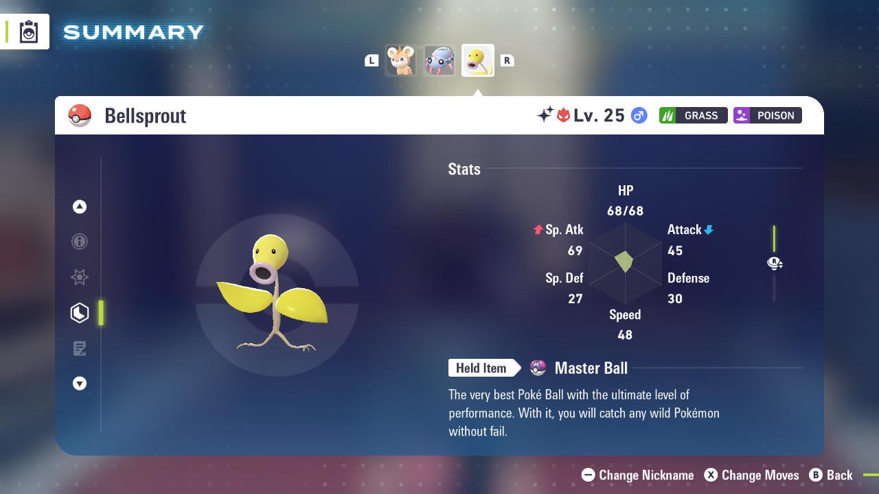 Foto de la carta Pokémon Bellsprout Alfa variocolor Pokémon Legends ZA 6IV listo para el combate competitivo