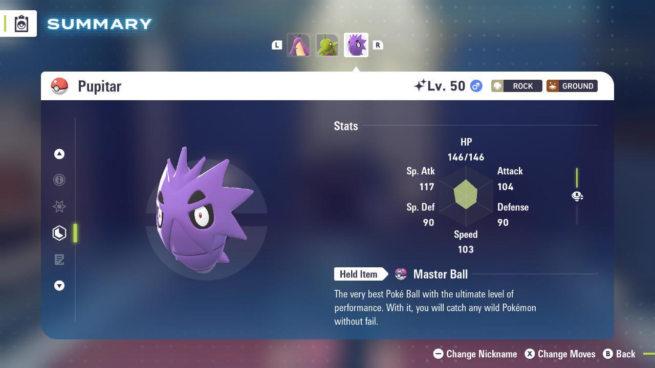 Foto de la carta Pokémon PUPITAR variocolor Pokémon Legends ZA 6IV listo para el combate competitivo