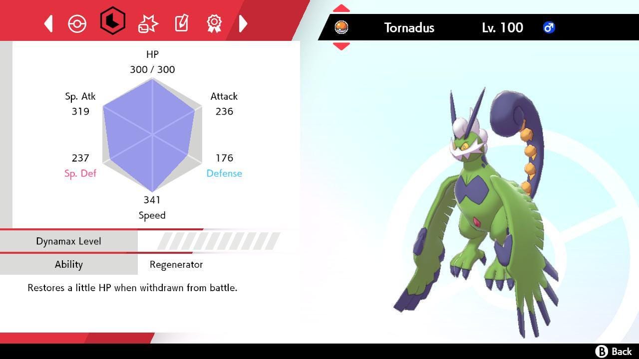 Foto de la carta Pokémon Shiny Forma Tótem TORNADUS Pokémon Espada y Escudo 6IV Pokémon Listo para la Batalla Competitivo + EVs Shiny Gratis 2
