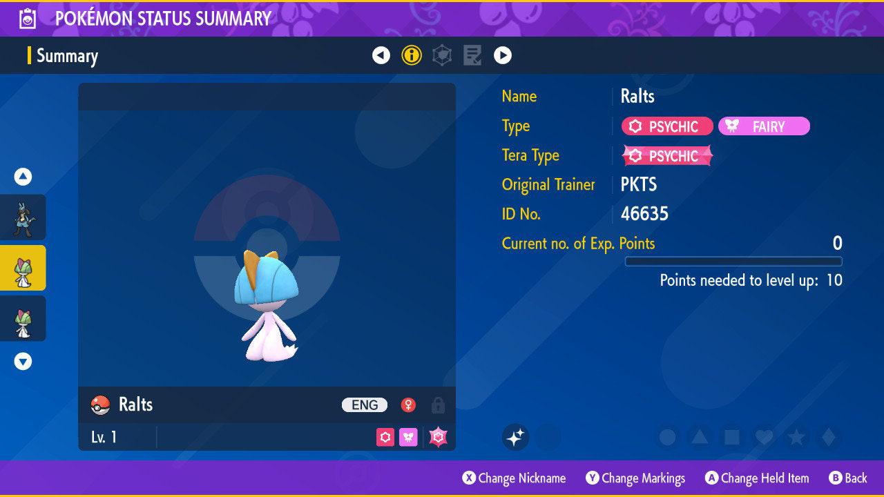 Foto de la carta Pokémon Ralts variocolor de Pokémon Escarlata y Púrpura 6IV competitivo listo para la batalla