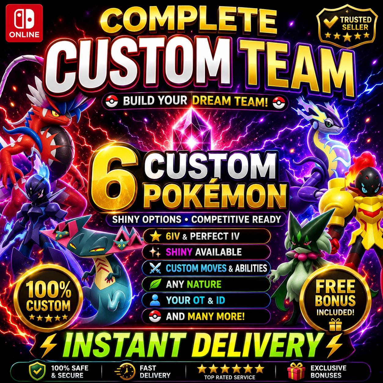 Foto de la carta Pokémon EQUIPO SHINY PERSONALIZADO 6 Pokémon Escarlata Púrpura Pokopia Listo para construir tu propio paquete Cualquier especie Listo para la batalla 6IV OT personalizado Transferencia a casa Switch 2