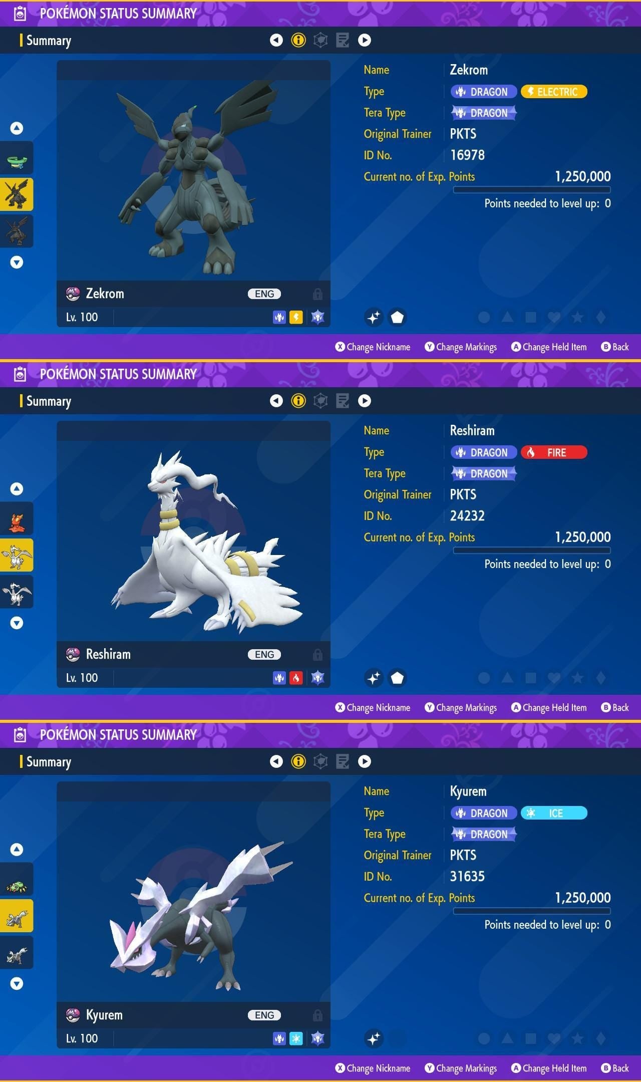 Foto de la carta Pokémon Shiny Zekrom Reshiram Kyurem Pack 6IV Listo para la Batalla Escarlata Púrpura 2