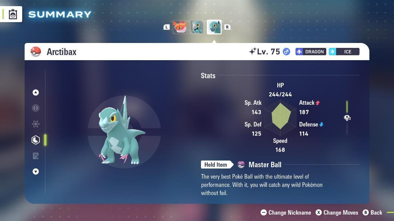 Foto de la carta Pokémon Arctibax Variocolor Pokémon Legends ZA DLC Mega Dimension 6IV Listo para el Combate Competitivo