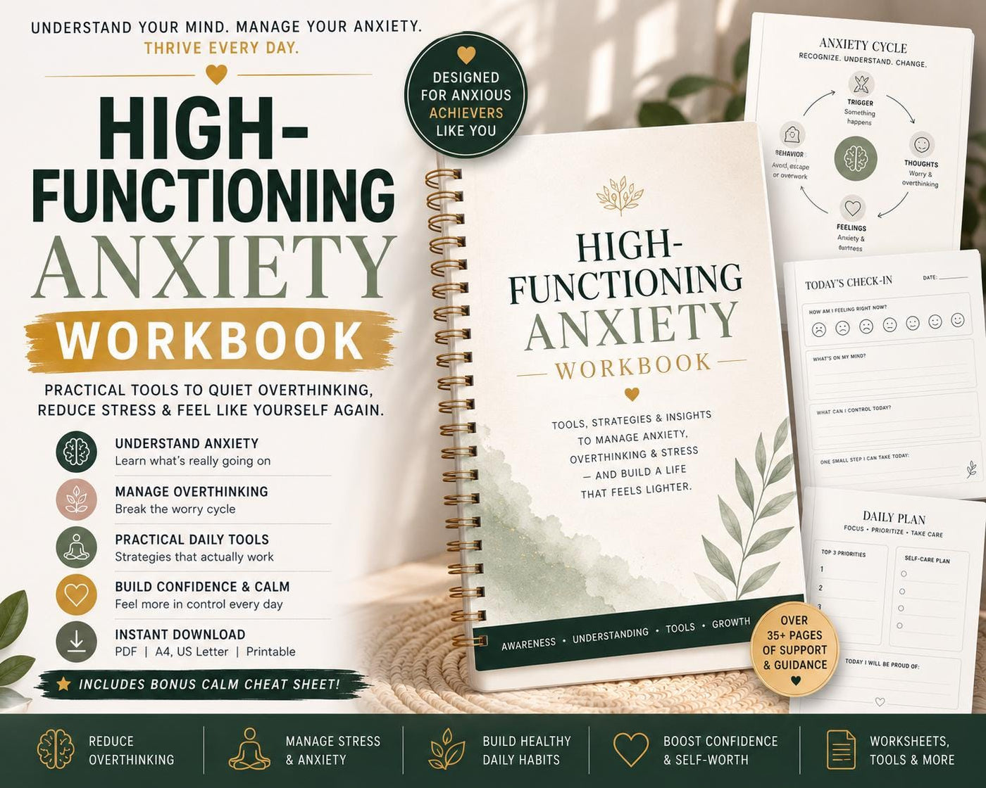 High Functioning Anxiety Workbook Printable PDF Stop Overthinking People Pleasing Boundaries Emotional Exhaustion Self Help – Workbooks Pokémon card photo