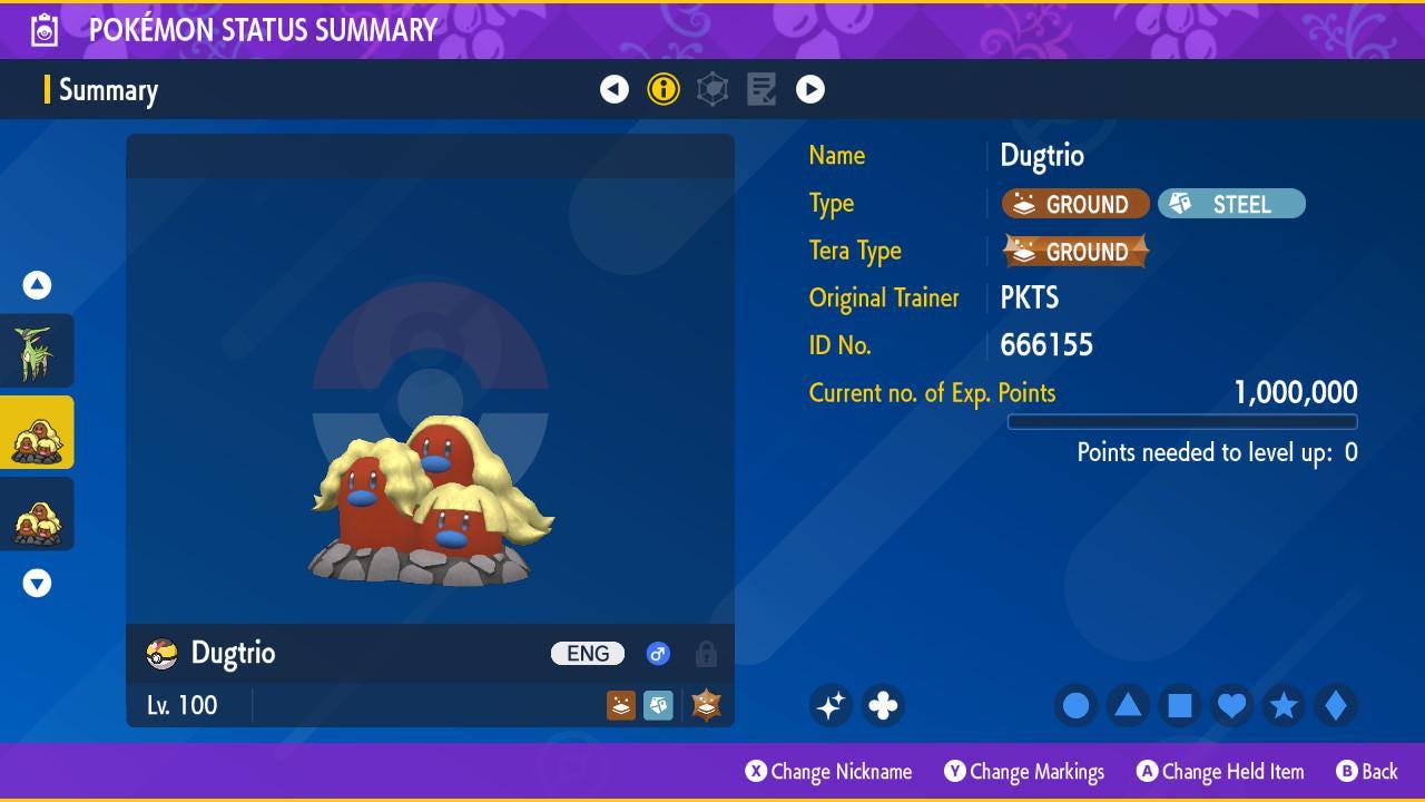 Foto de la carta Pokémon Dugtrio de Alola variocolor Pokémon Escarlata y Púrpura 6IV Pokémon Legends ZA competitivo listo para la batalla + EVs Switch 2
