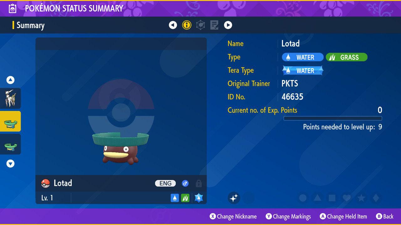 Shiny LOTAD Pokémon Scarlet Violet 6IV Competitive Battle Ready – Scarlet & Violet Pokémon card photo