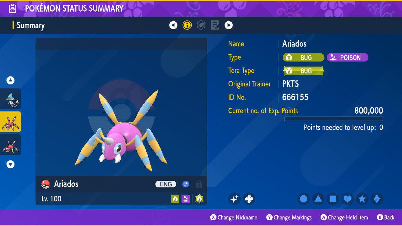 Foto de la carta Pokémon ARIADOS Shiny Pokémon Escarlata Púrpura 6IV Competitivo Listo para la Batalla