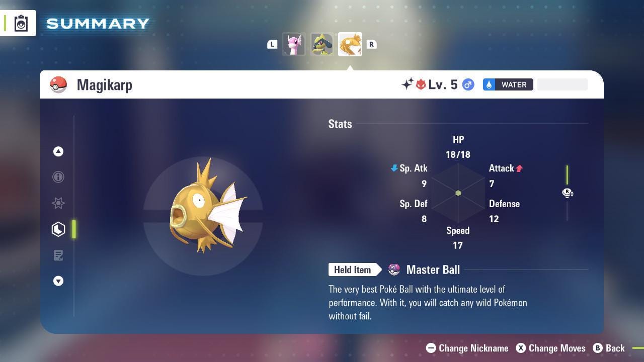 Pokemon Za Lvl 5 Adamant SHINY ALPHA 6IV Magikarp Pokémon Legends ZA 6IV Competitive Battle Ready Pokémon card photo 2