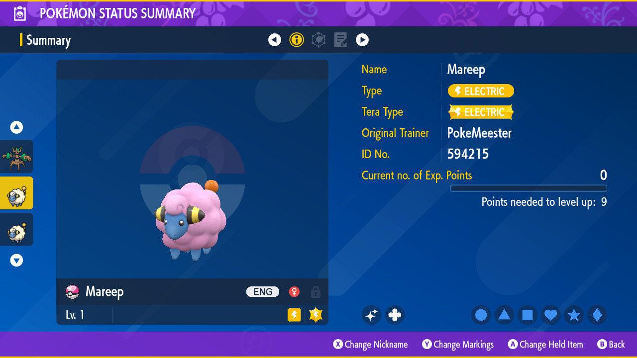 Foto de la carta Pokémon Shiny MAREEP Pokémon Escarlata Púrpura 6IV Competitivo Listo para la Batalla