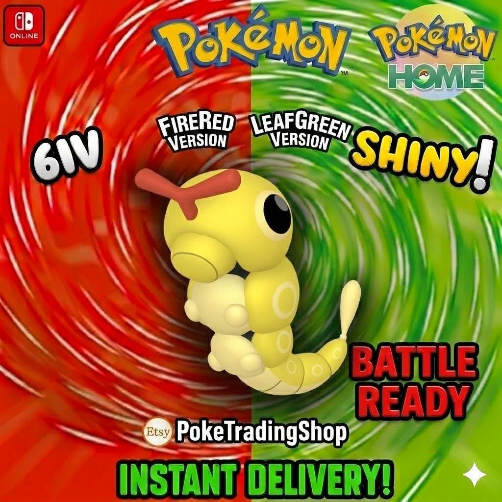 Foto de la carta Pokémon SHINY CATERPIE Pokémon Rojo Fuego Verde Hoja 6IV Listo para la Batalla Competitiva