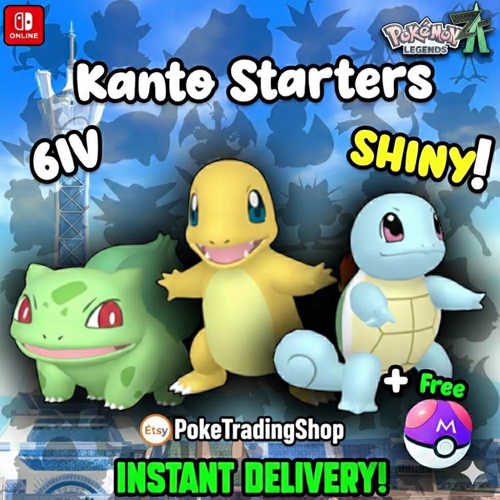 Foto de la carta Pokémon Pack de Iniciales de Kanto de Pokémon ZA Shiny 6IV Charmander Bulbasaur Squirtle Listo Para la Batalla Intercambio Instantáneo en Switch