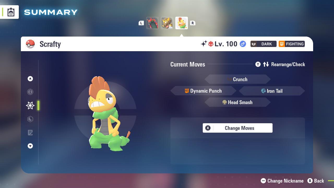 Foto de la carta Pokémon Alpha Scrafty variocolor Pokémon Legends ZA 6IV competitivo listo para la batalla 3
