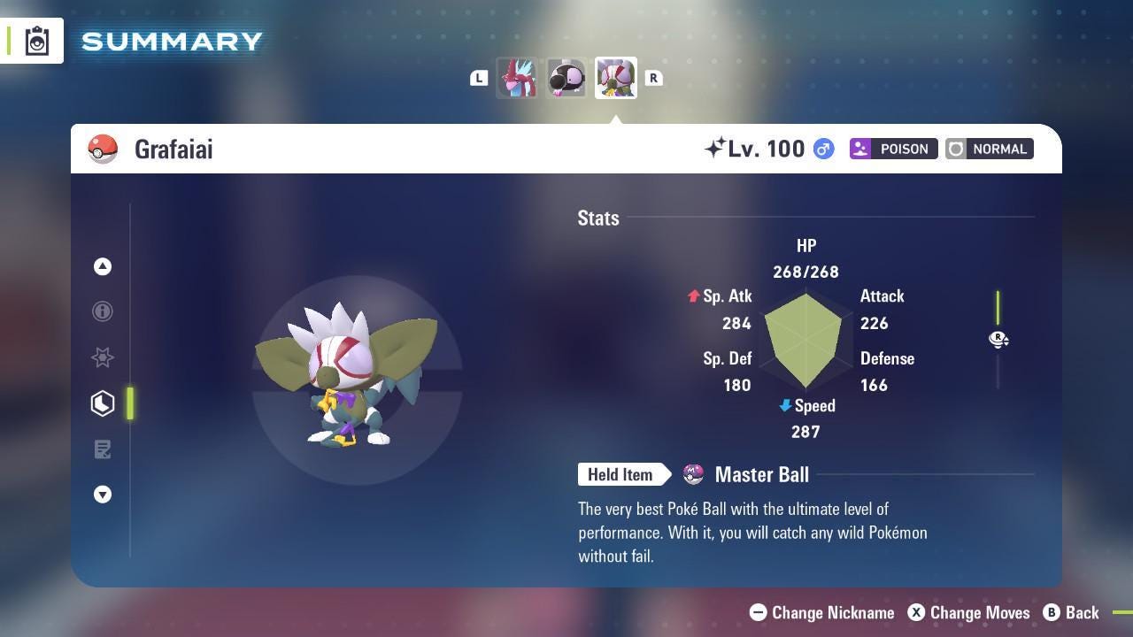 Foto de la carta Pokémon Shiny Grafaiai Pokémon Legends ZA Mega Dimension DLC 6IV Listo para el Combate Competitivo