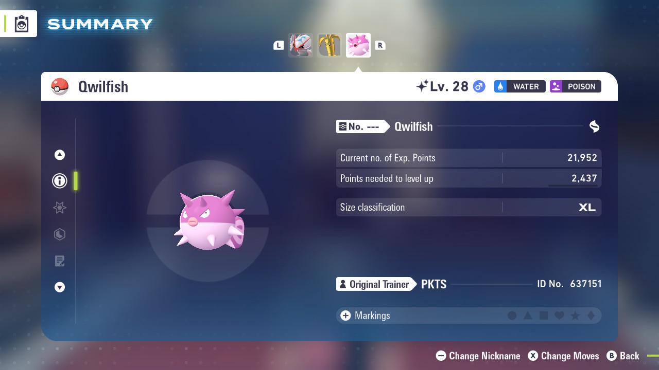 Foto de la carta Pokémon Qwilfish Variocolor Pokémon Legends ZA DLC Mega Dimension 6IV Listo para el Combate Competitivo 2