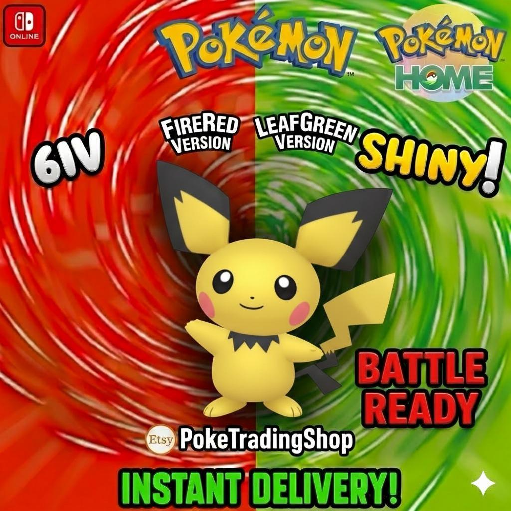 Foto de la carta Pokémon PICHU VARIOCROMÁTICO Pokémon Rojo Fuego Verde Hoja 6IV Competitivo Listo para la Batalla