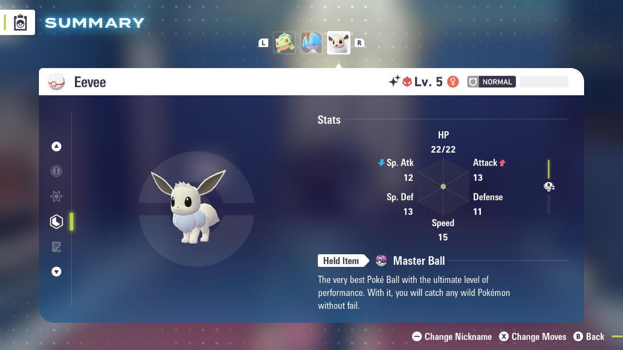 Pokemon Za Lvl 5 Adamant SHINY ALPHA 6IV Eevee Pokémon Legends ZA 6IV Competitive Battle Ready Pokémon card photo 2
