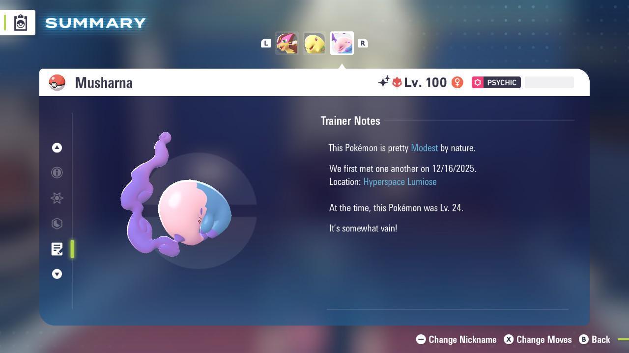 Foto de la carta Pokémon Musharna Alfa Variocolor Pokémon Legends ZA DLC Mega Dimension 6IV Competitivo Listo para la Batalla 4