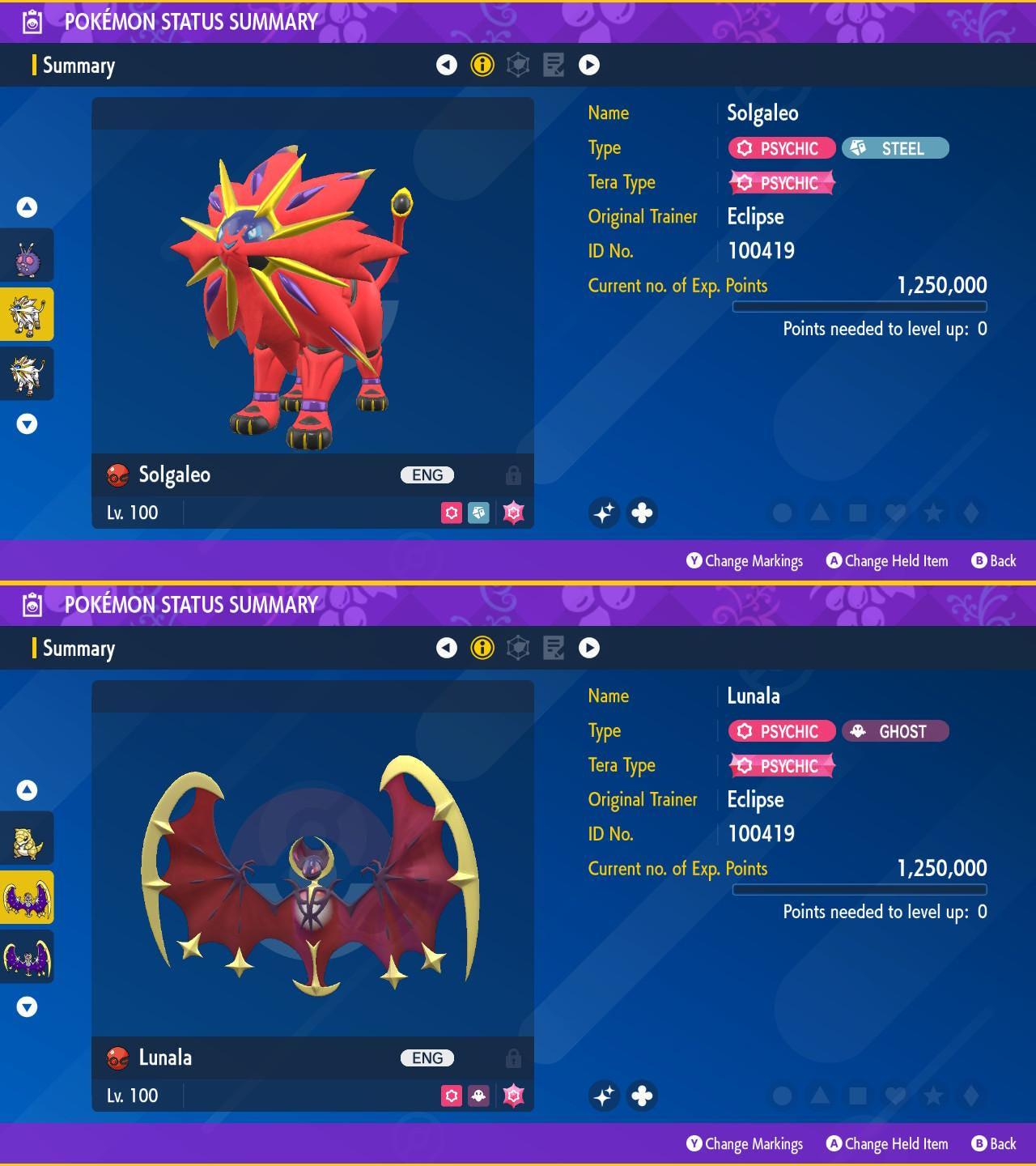 Foto de la carta Pokémon Lote Solgaleo Lunala Necrozma variocolor 6IV Listos para el Combate Pokémon Escarlata Púrpura 2