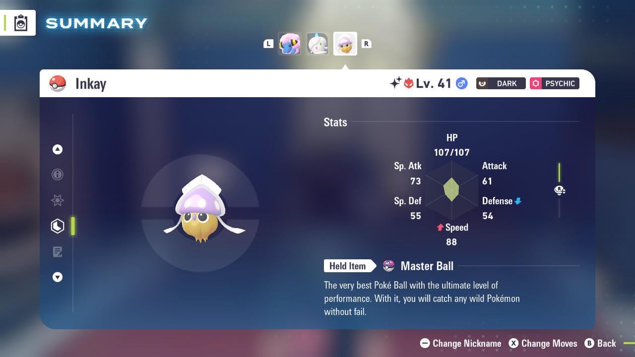 Foto de la carta Pokémon Inkay Alfa variocolor Pokémon Legends ZA 6IV Listo para el Combate Competitivo