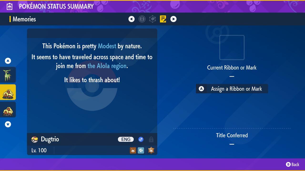 Foto de la carta Pokémon Dugtrio de Alola variocolor Pokémon Escarlata y Púrpura 6IV Pokémon Legends ZA competitivo listo para la batalla + EVs Switch 2 3