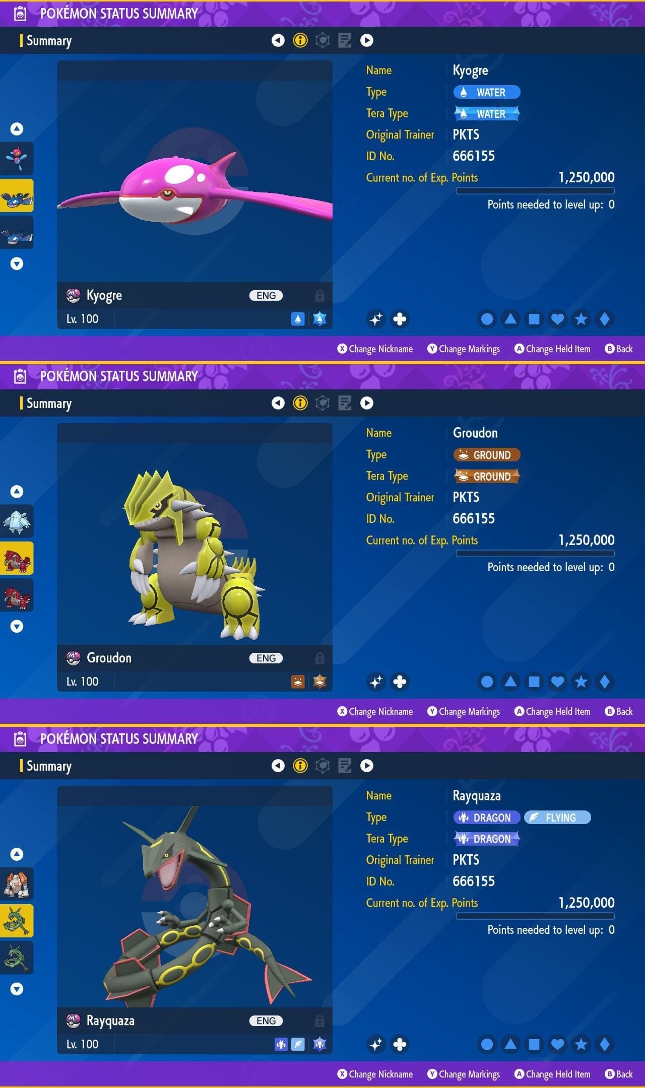 SHINY Kyogre, Groudon, Rayquaza Bundle Pack 6IV EV Pokémon Scarlet and Violet 6IV Pokemon Free Shiny Switch 2 Pokémon card photo 2