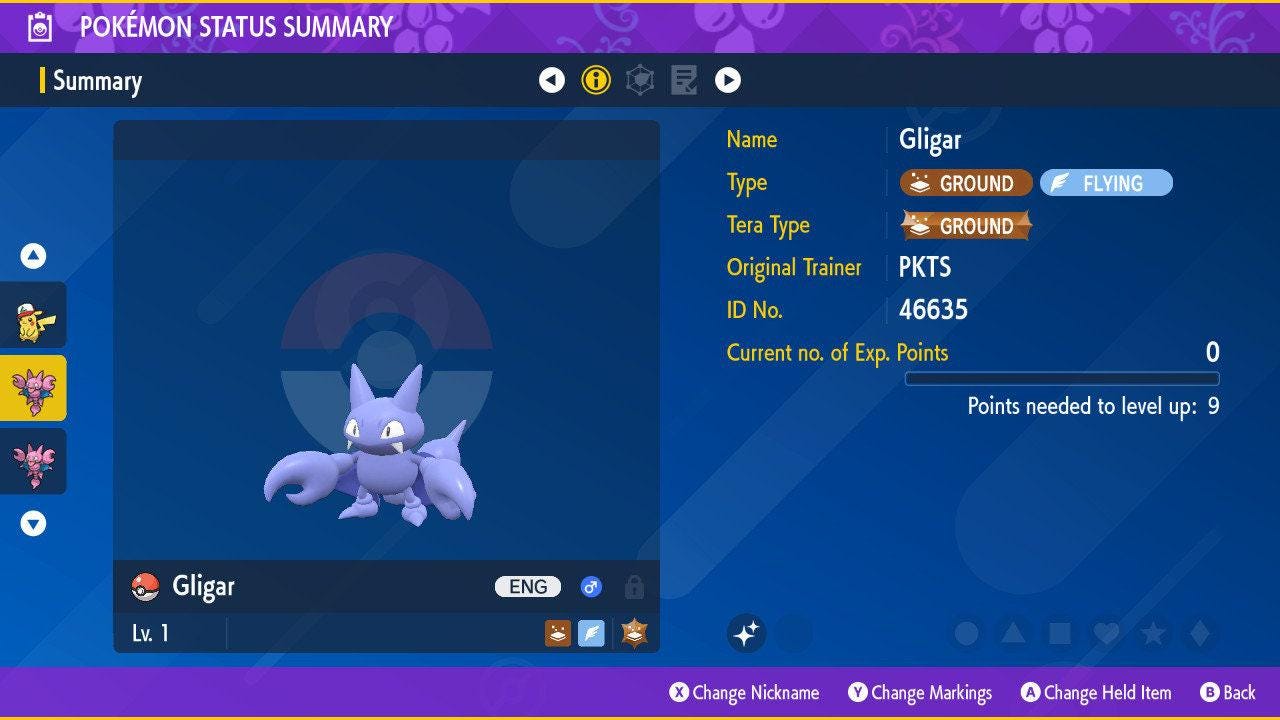 Foto de la carta Pokémon GLIGAR Brillante Pokémon Escarlata Púrpura 6IV Competitivo Listo para la Batalla
