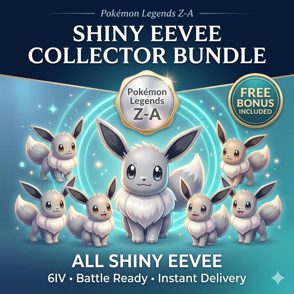 Pokemon ZA Eevee Bundle Pack Shiny 6IV Pokémon Legends ZA 6IV Competitive Battle Ready Any Held Item Mega Evolution Pokedex – Complete Pokédex Sets Pokémon card photo
