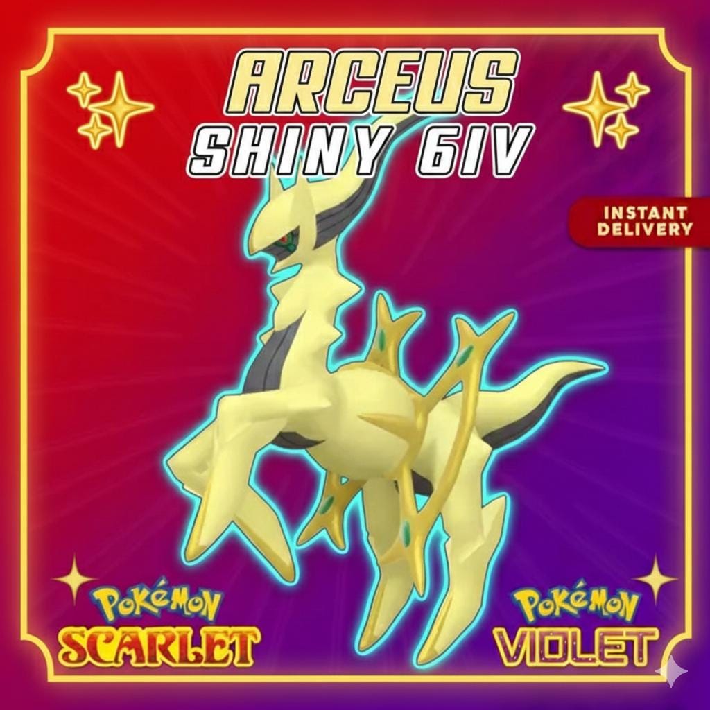 Event SHINY 6IV ARCEUS Pokémon Scarlet and Violet 6IV Pokemon Mythical Pokemon Competitive Battle Ready Free Shiny Pokémon card photo