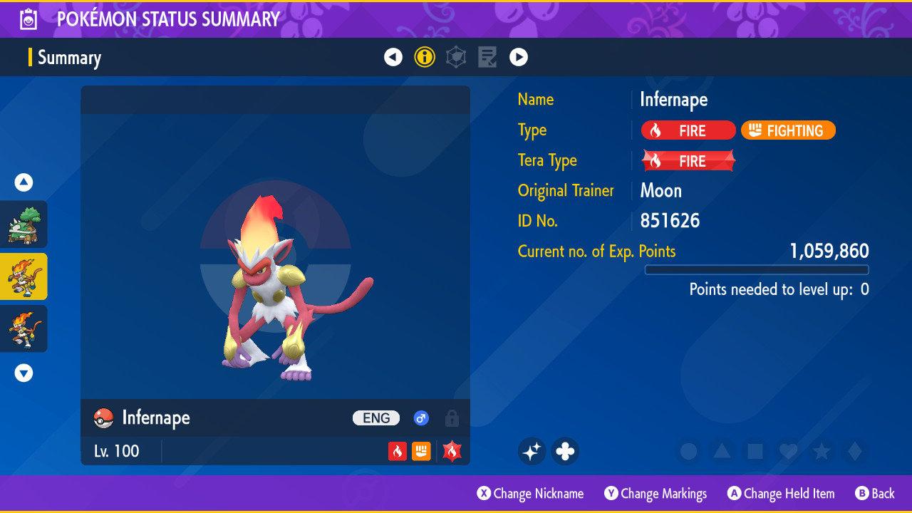 Foto de la carta Pokémon Shiny INFERNAPE Pokémon Escarlata Púrpura 6IV Listo para el Combate Competitivo