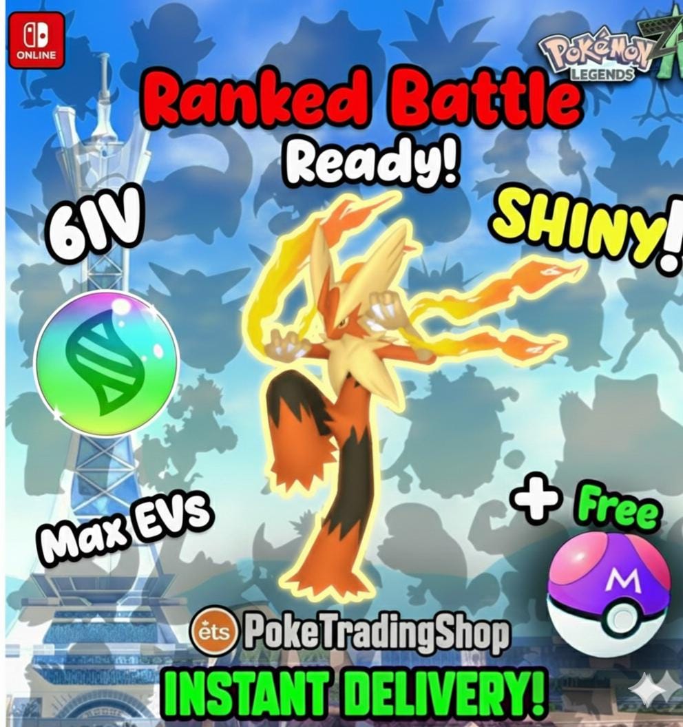 Foto de la carta Pokémon Pokemon LEGENDS ZA Alpha Shiny Blaziken Mega Ready Ciudad Luminalia Región de KALOS Envite Ígneo Maestro Listo para la Batalla 6IV Insignia Alpha Transferencia HOME