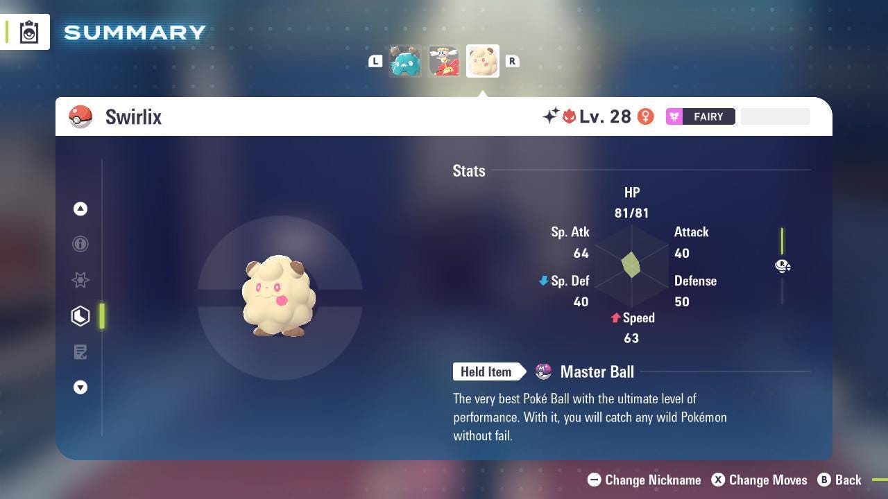 Foto de la carta Pokémon Shiny Alpha Swirlix Pokémon Legends ZA 6IV Listo para la Batalla Competitiva