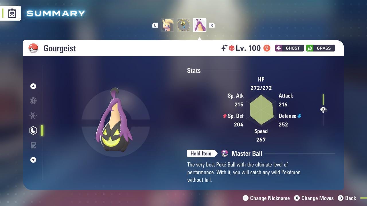 Foto de la carta Pokémon Gourgeist Alfa Brillante Pokémon Legends ZA 6IV Competitivo Listo para la Batalla