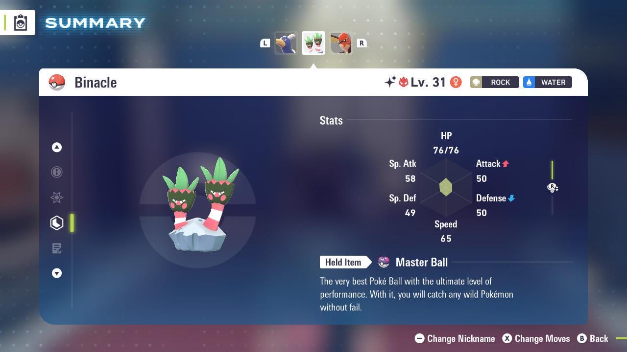 Shiny Alpha Binacle Pokémon Legends ZA 6IV Competitive Battle Ready Pokémon card photo