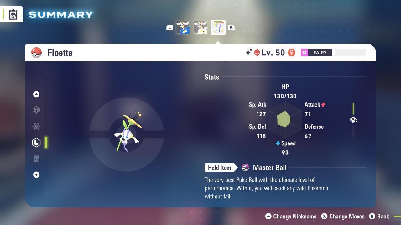 Foto de la carta Pokémon Floette Amarillo Alfa Variocolor Pokémon Legends ZA 6IV Listo para la Batalla Competitiva