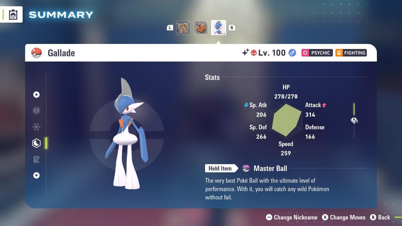Foto de la carta Pokémon Gallade Alfa Shiny Pokémon Leyendas ZA 6IV Competitivo Listo para la Batalla 2