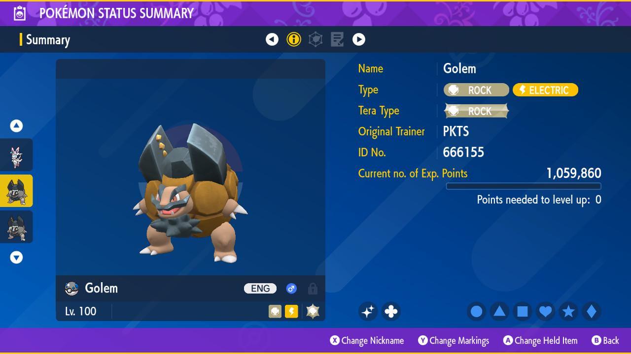 Foto de la carta Pokémon Golem de Alola Variocolor Pokémon Escarlata y Púrpura 6IV Pokémon Legend ZA Competitivo Listo para la Batalla + EVs Switch 2