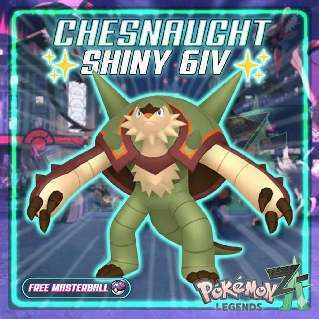 Foto de la carta Pokémon Shiny CHESNAUGHT Pokémon Legends ZA 6IV Competitivo Listo para la Batalla