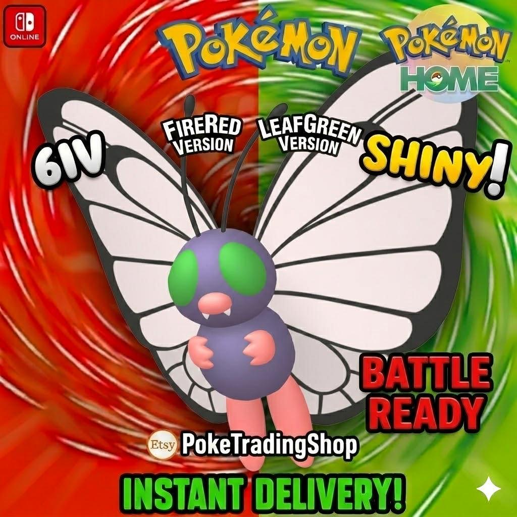 Foto de la carta Pokémon SHINY BUTTERFREE Pokémon Rojo Fuego Verde Hoja 6IV Listo para la Batalla Competitiva